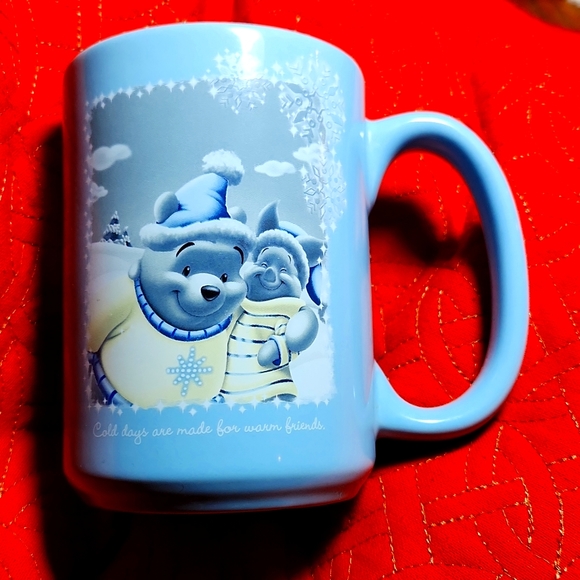 Vintage "Disney" " Winnie the Pooh" Winter Holiday Mug, blue and yellow. - Picture 1 of 5